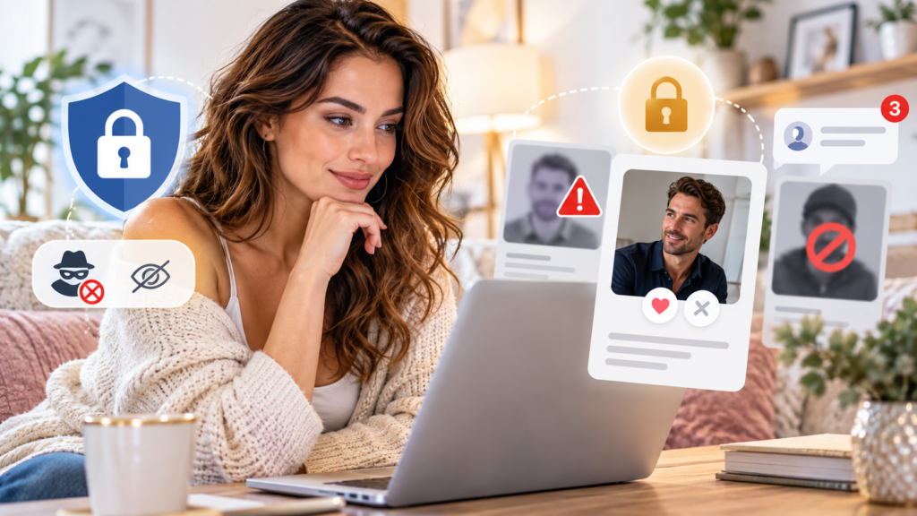 Woman reviewing an online dating profile with privacy, security, and scam-warning icons
