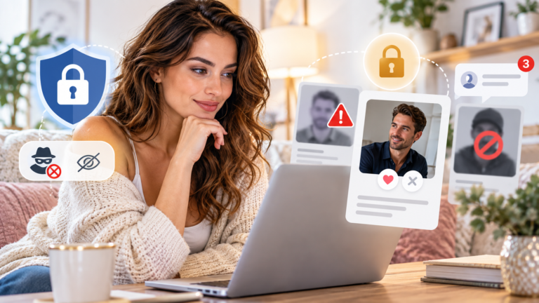 Woman reviewing an online dating profile with privacy, security, and scam-warning icons