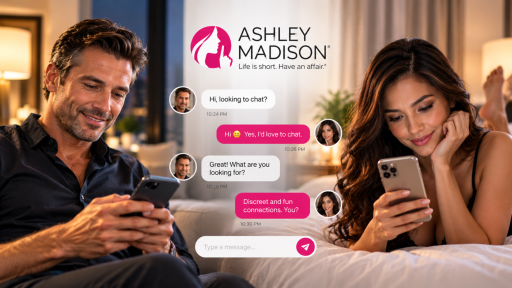 Man and woman messaging through Ashley Madison for a discreet online dating connection