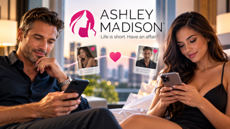 Ashley Madison review showing a man and woman using their phones for discreet online dating