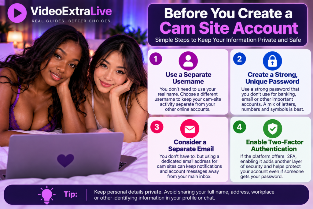 Cam site account privacy tips including separate usernames, strong passwords, separate email and two-factor authentication