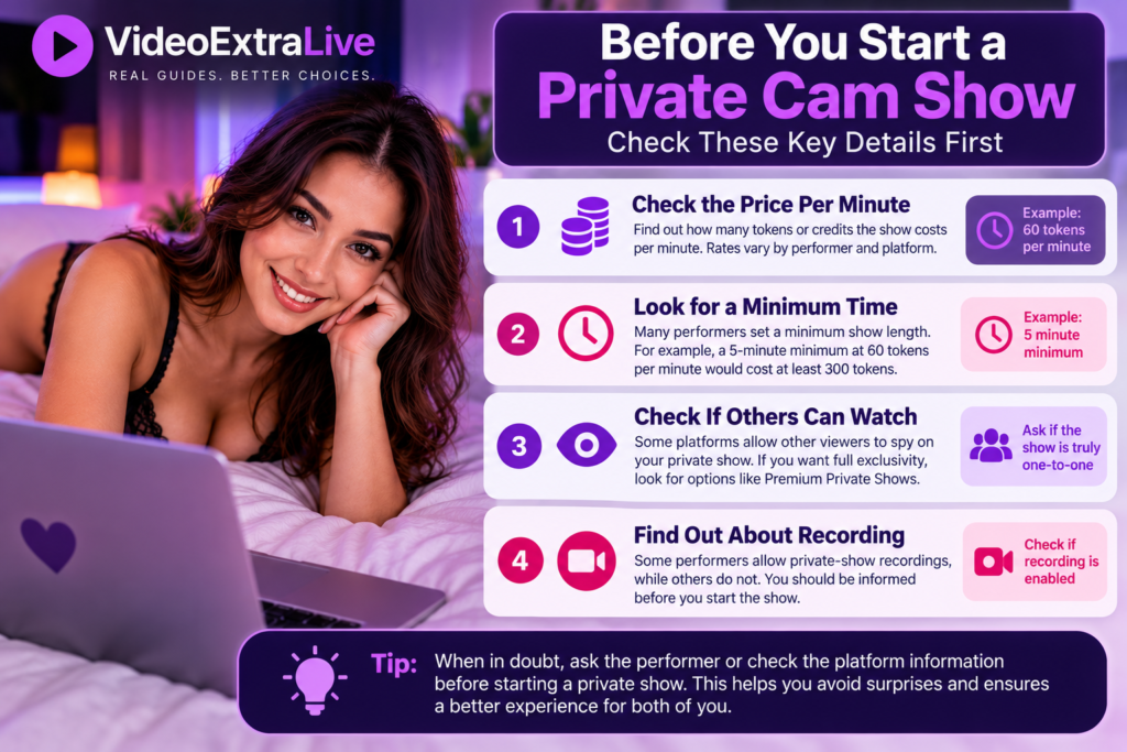 Private cam show checklist – price, minimum time, exclusivity and recording