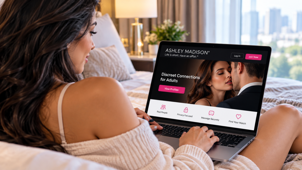 Woman browsing Ashley Madison on a laptop while exploring discreet adult dating options