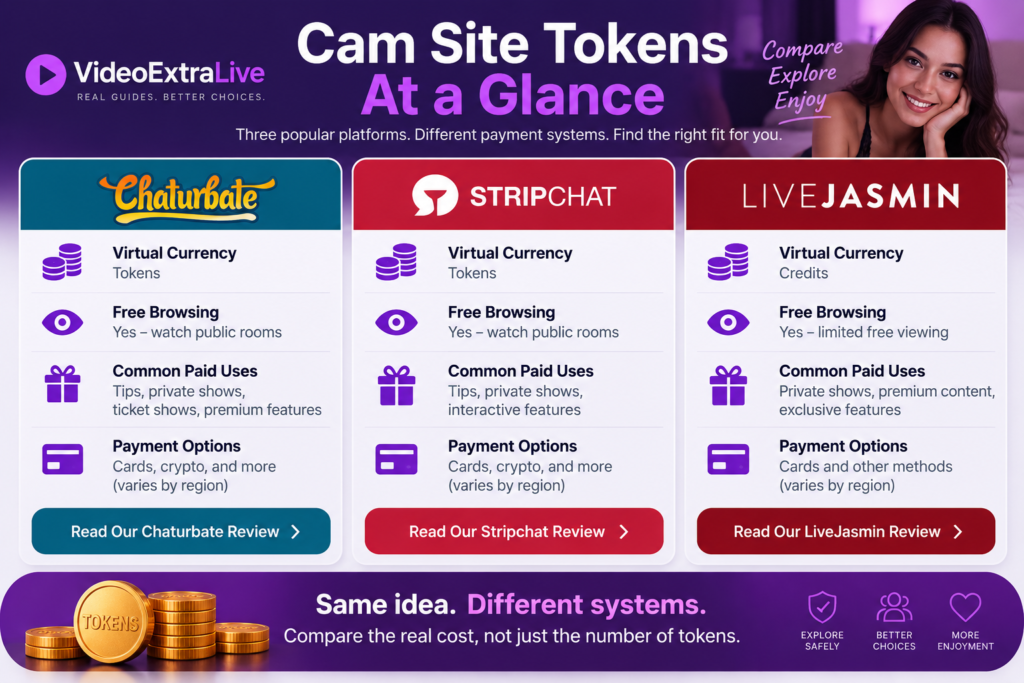 Cam site tokens comparison showing Chaturbate, Stripchat and LiveJasmin payment systems and paid features