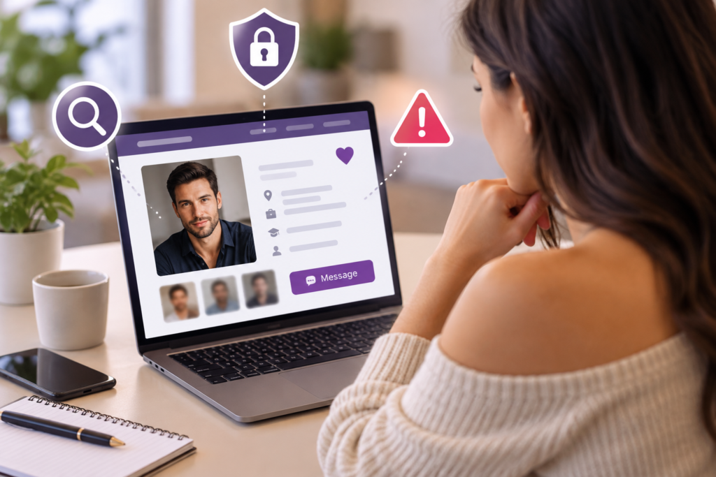 Woman reviewing an online dating profile with privacy and warning icons before sending a message