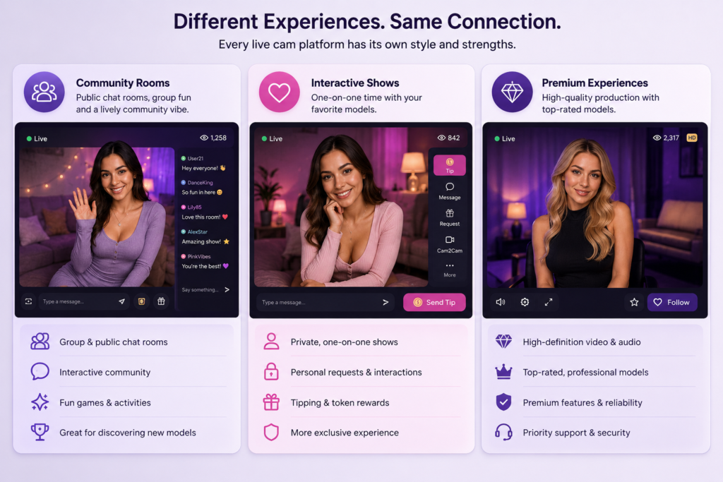 Different live cam site experiences compared by features and interaction style