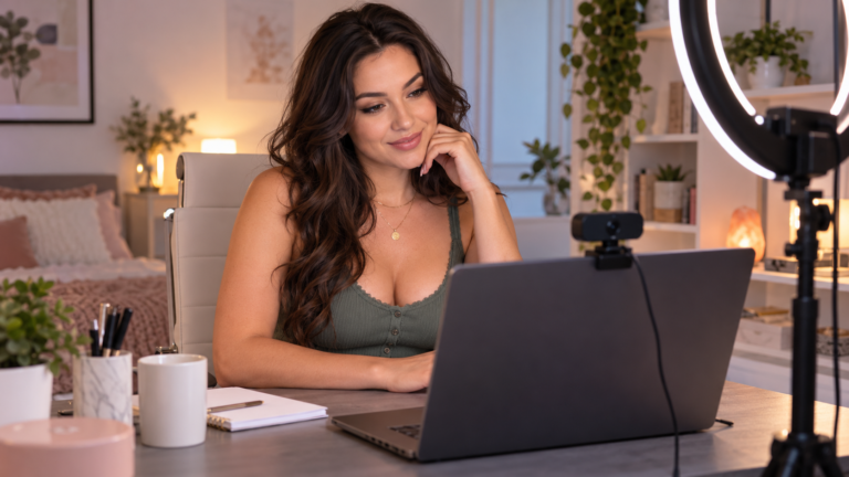 Webcam model reviewing her rates at a home streaming setup