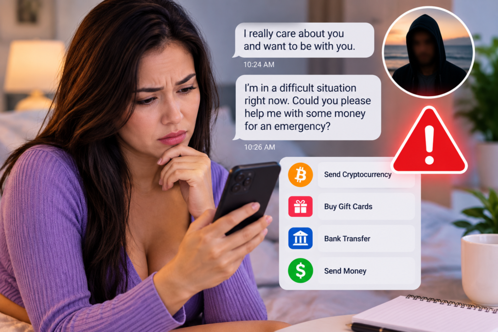 Woman receiving suspicious dating messages asking for money through cryptocurrency, gift cards, or bank transfer