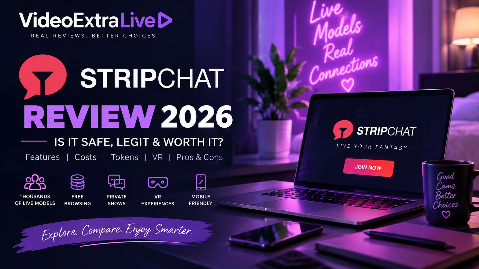Stripchat review showing live cam features, private shows, VR and mobile access