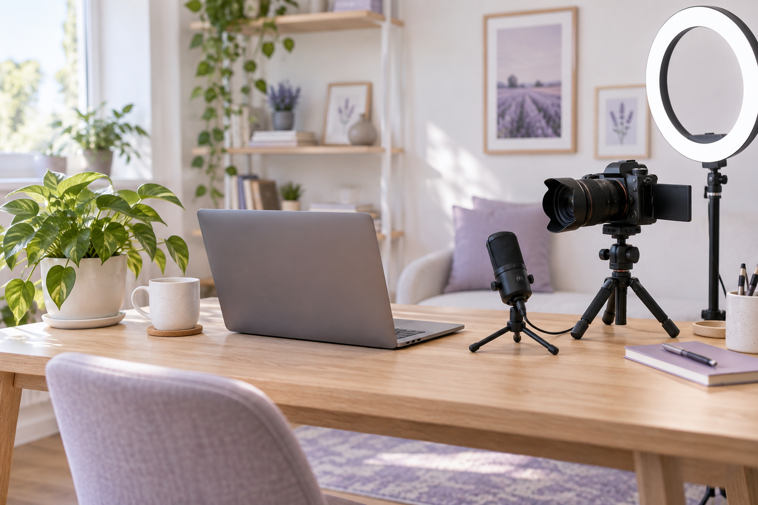 Bright creator workspace with laptop, camera, ring light and microphone.