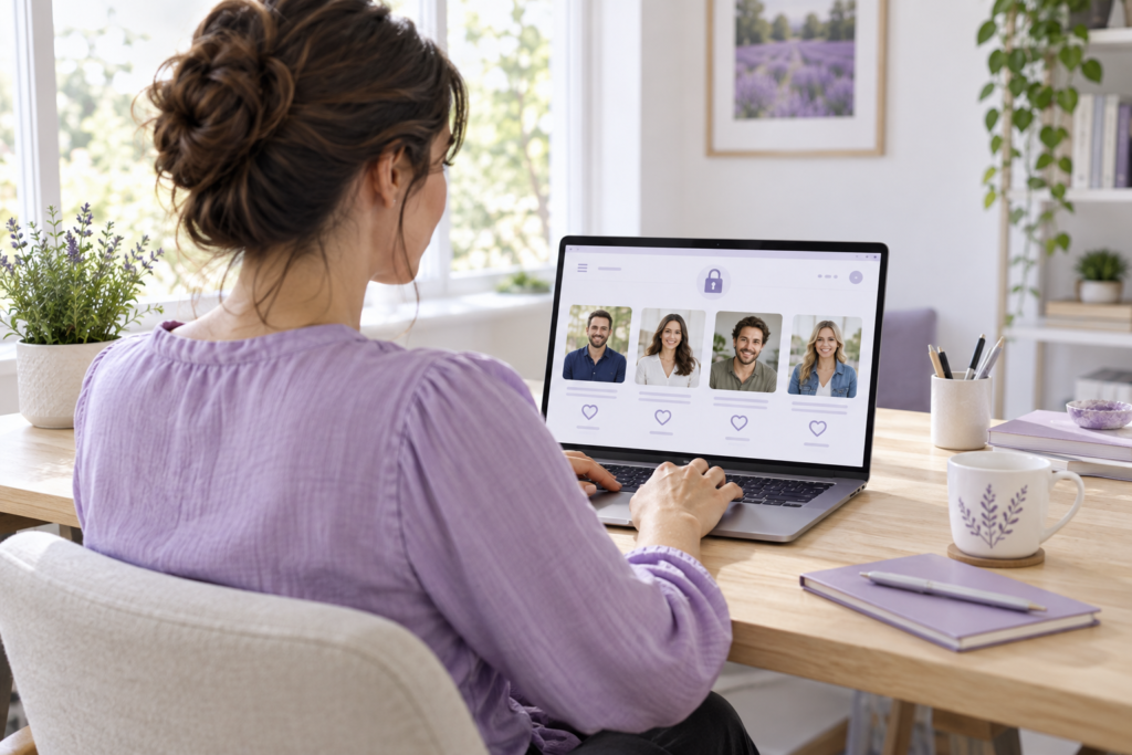 Adult browsing online dating profiles with a privacy lock icon on a laptop.