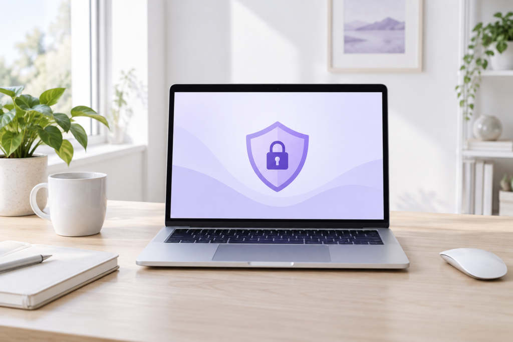 Laptop displaying a purple privacy shield and padlock in a bright workspace.
