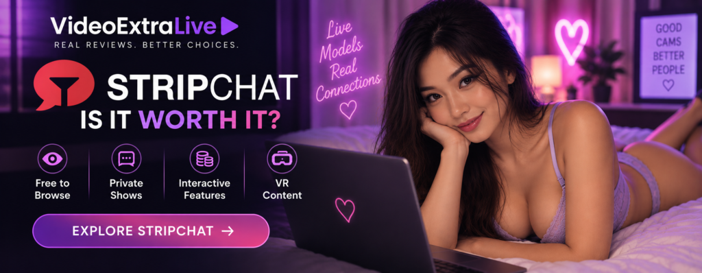 Stripchat review banner featuring free browsing, private shows, interactive features and VR