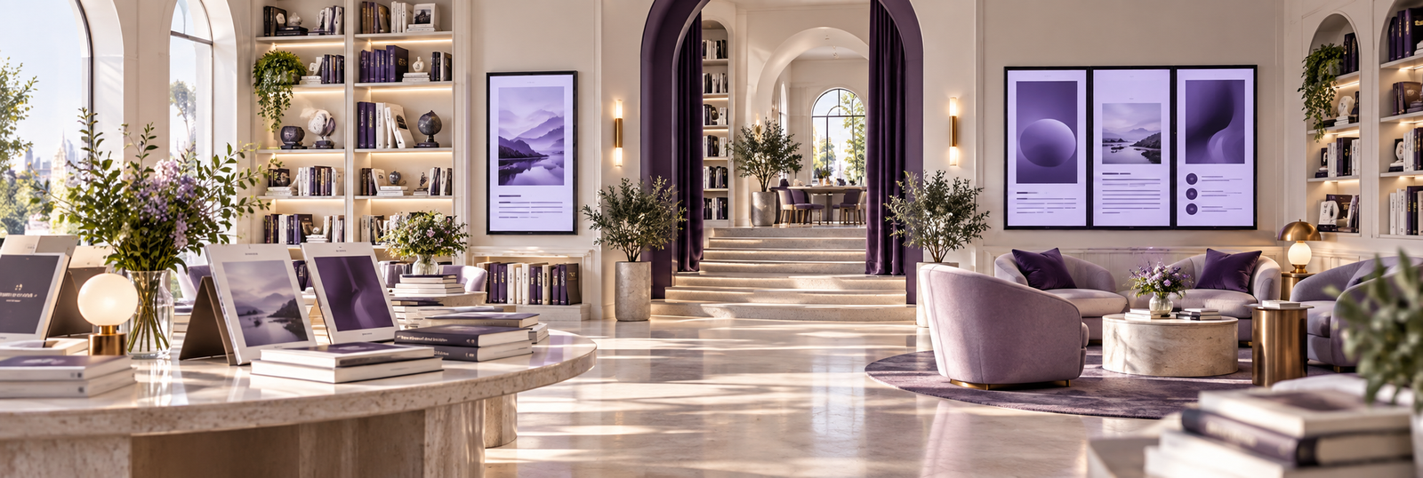 Bright editorial library with ivory bookshelves, lavender seating and a purple arched reading area