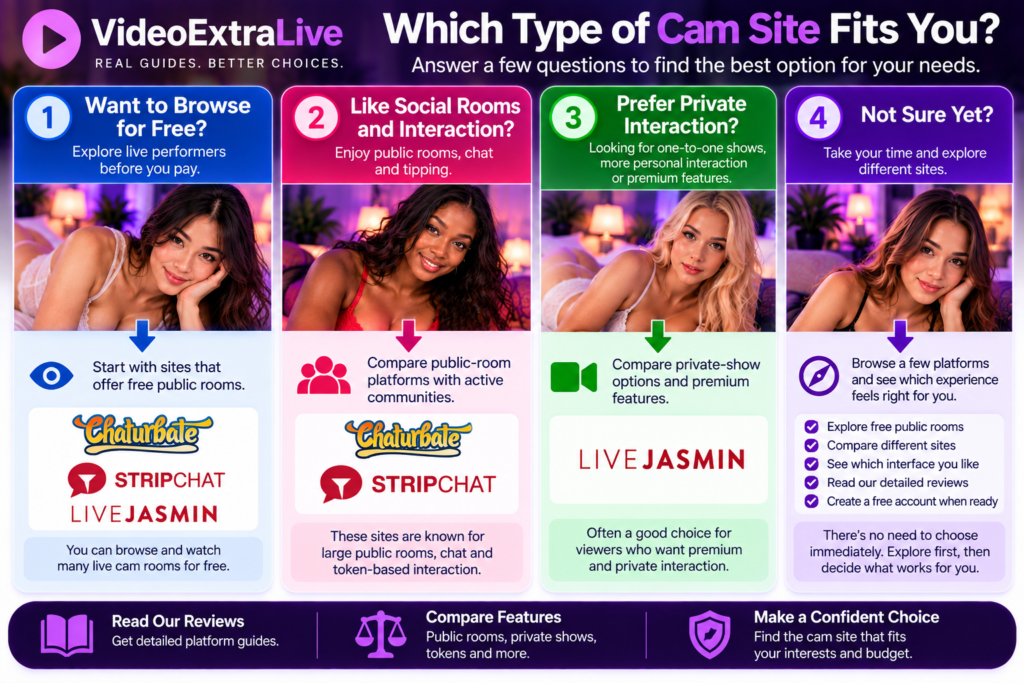 Live cam site decision guide comparing free browsing, public rooms and private interaction